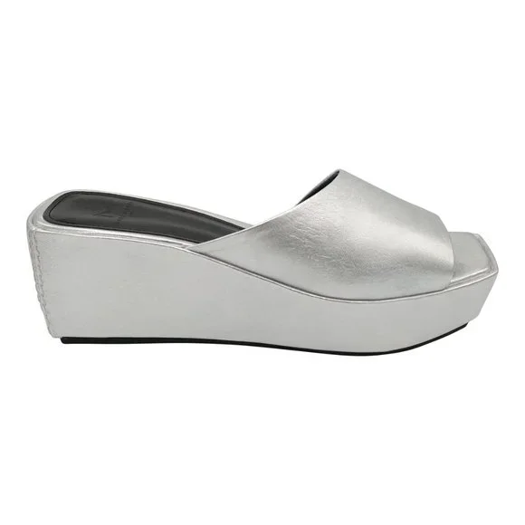 Marc Fisher New YAILYN Platform Slide Sandal Mule Leather Flatforms SILVER Women - Picture 3 of 13